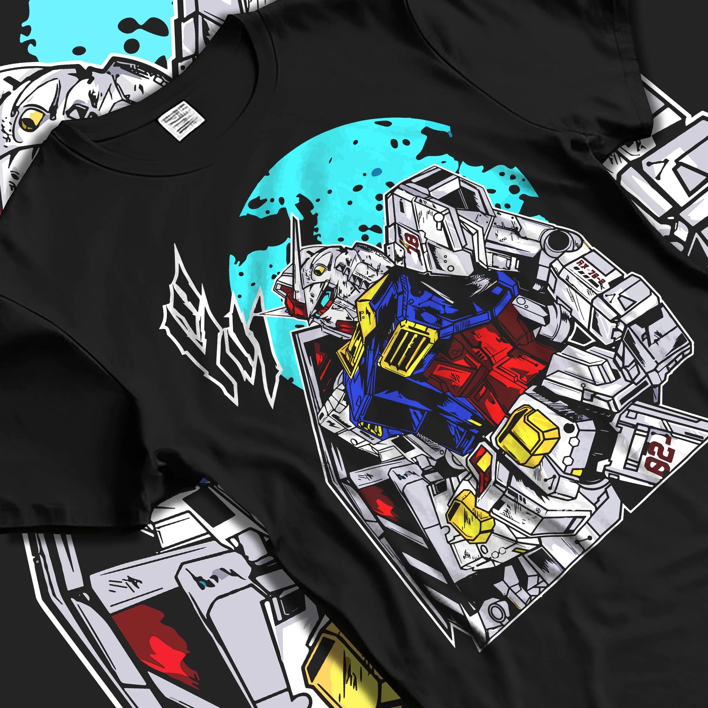 Black T-shirt laid flat with natural folds with Gundam Hoodie RX-78 Battle Suit Heroic Jumper graphic premium wear.