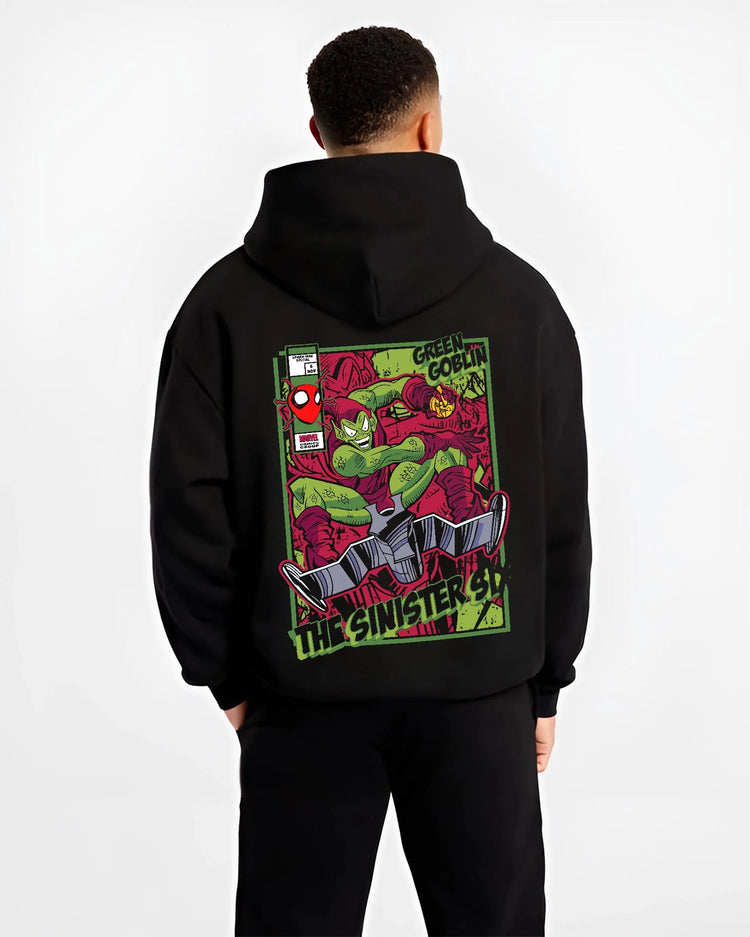 Black hoodie worn by male model, back view with Green Goblin Hoodie Marvel Sinister Spider Villain graphic premium wear.