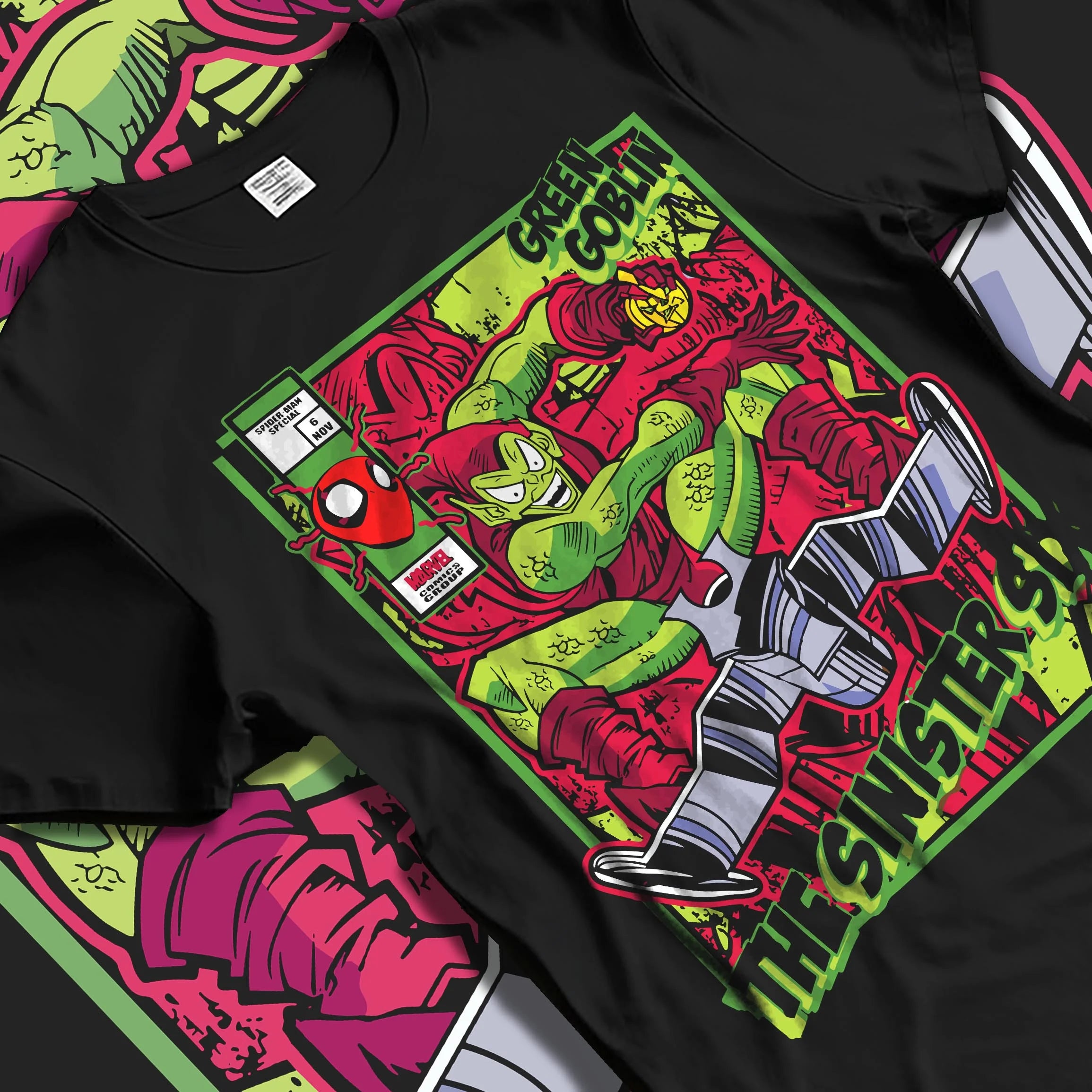 Black T-shirt laid flat with natural folds with Green Goblin Hoodie Marvel Sinister Spider Villain graphic bold anime graphic.