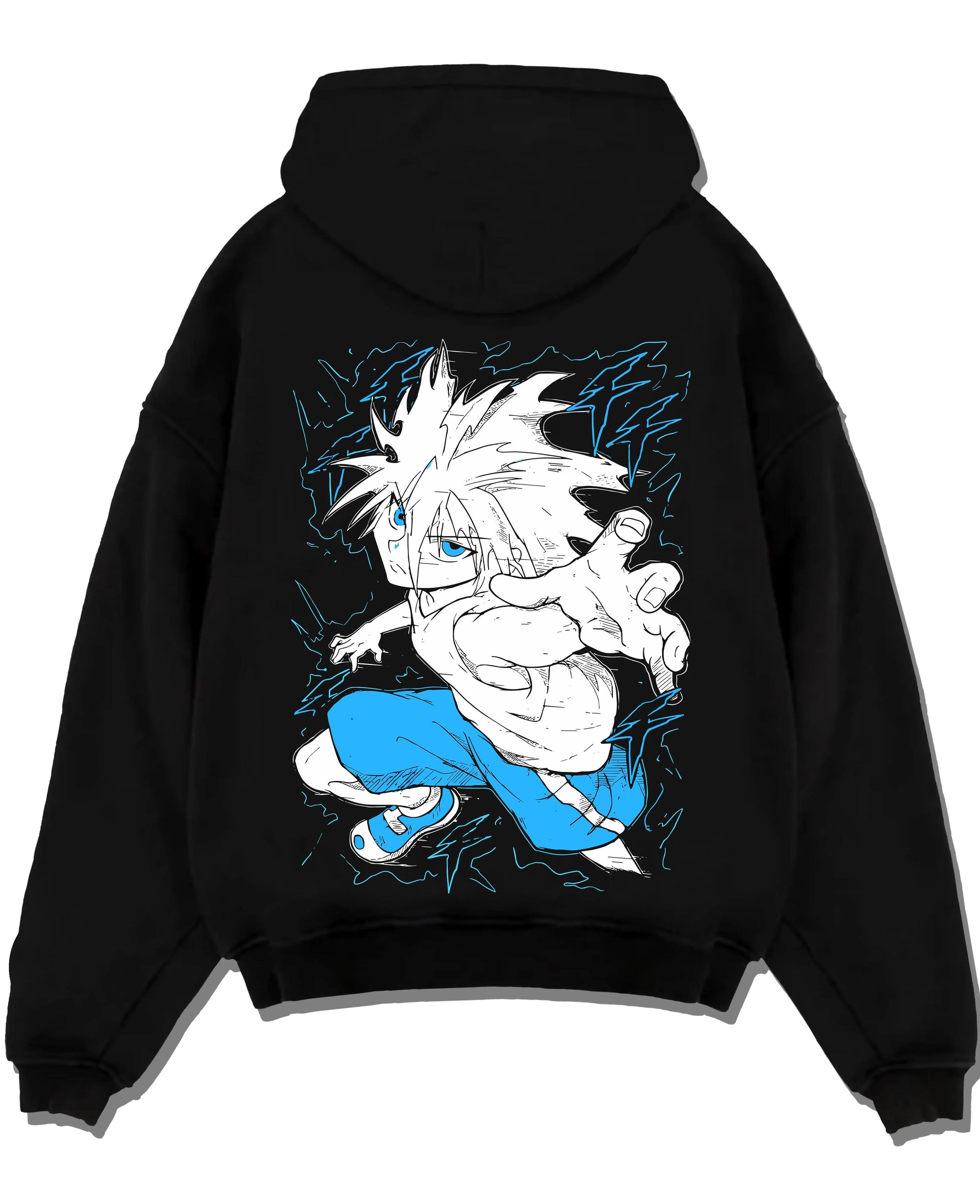 Black pullover hoodie laid flat with Hunter x Hunter Hoodie Killua Zoldyck Godspeed Jumper graphic bold anime graphic.