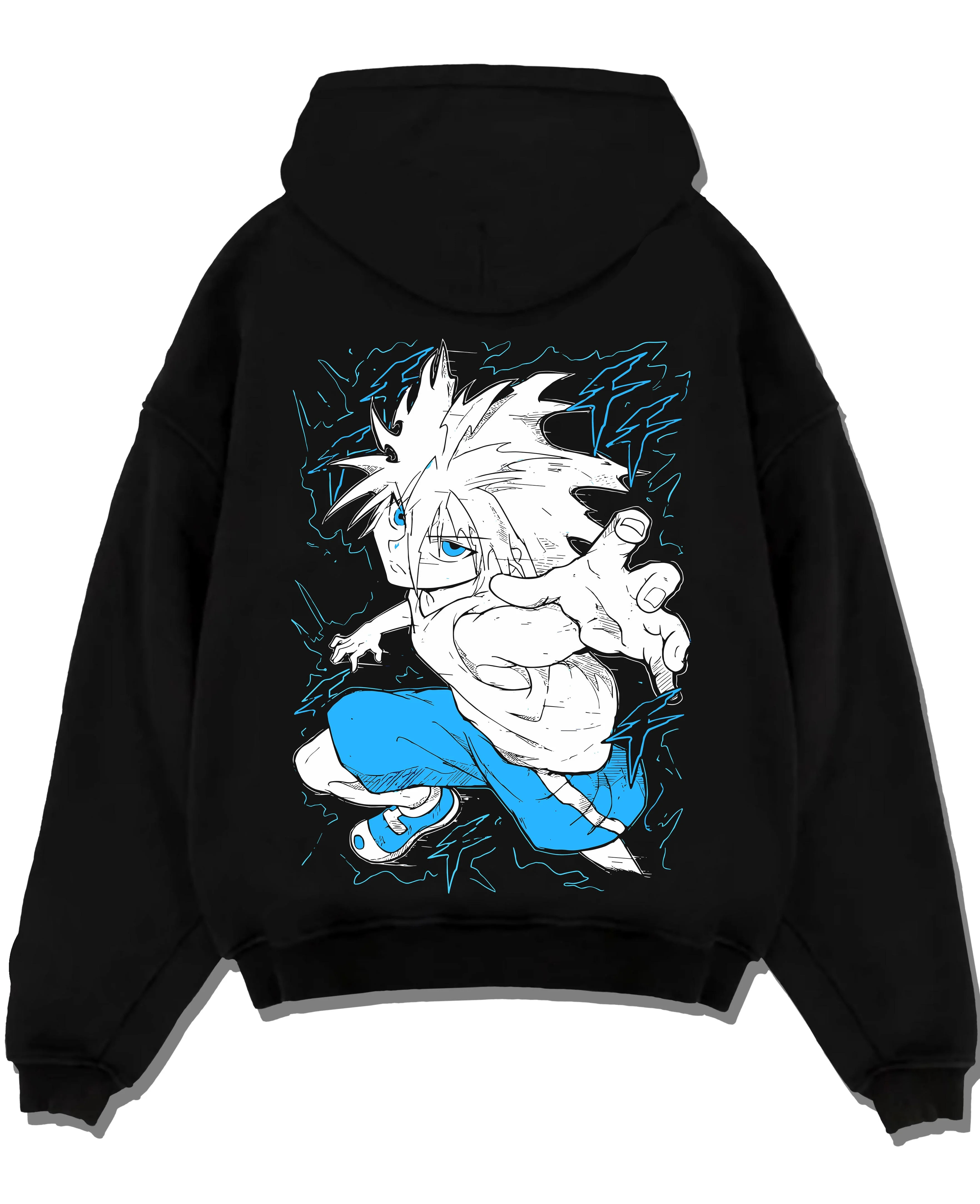 Black pullover hoodie laid flat with Hunter x Hunter Hoodie Killua Zoldyck Godspeed Jumper graphic bold anime graphic.
