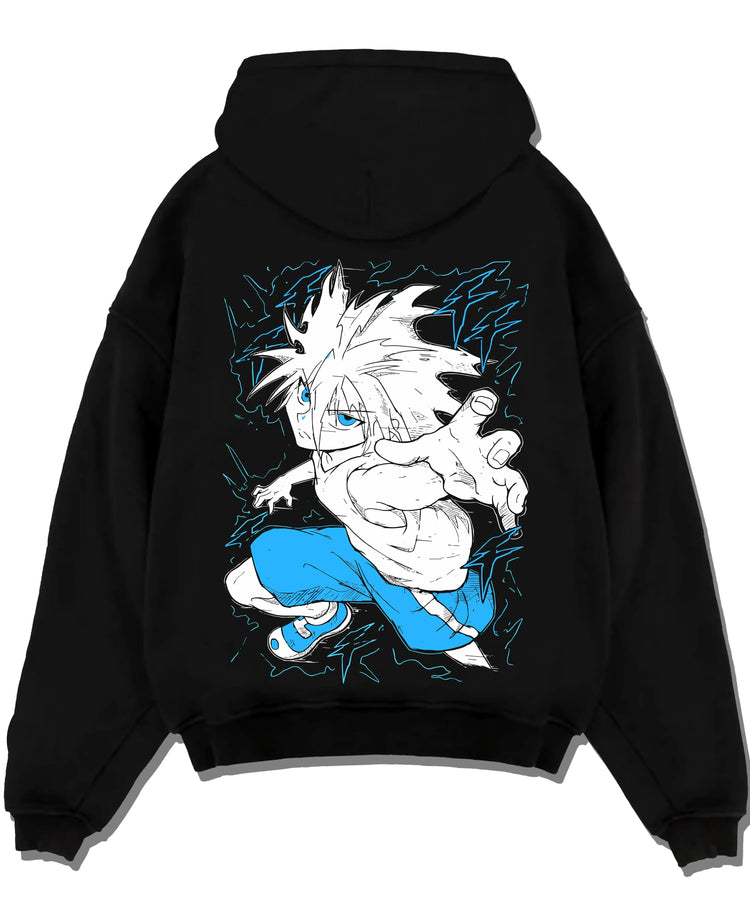 Black pullover hoodie laid flat with Hunter x Hunter Hoodie Killua Zoldyck Godspeed Jumper graphic bold anime graphic.