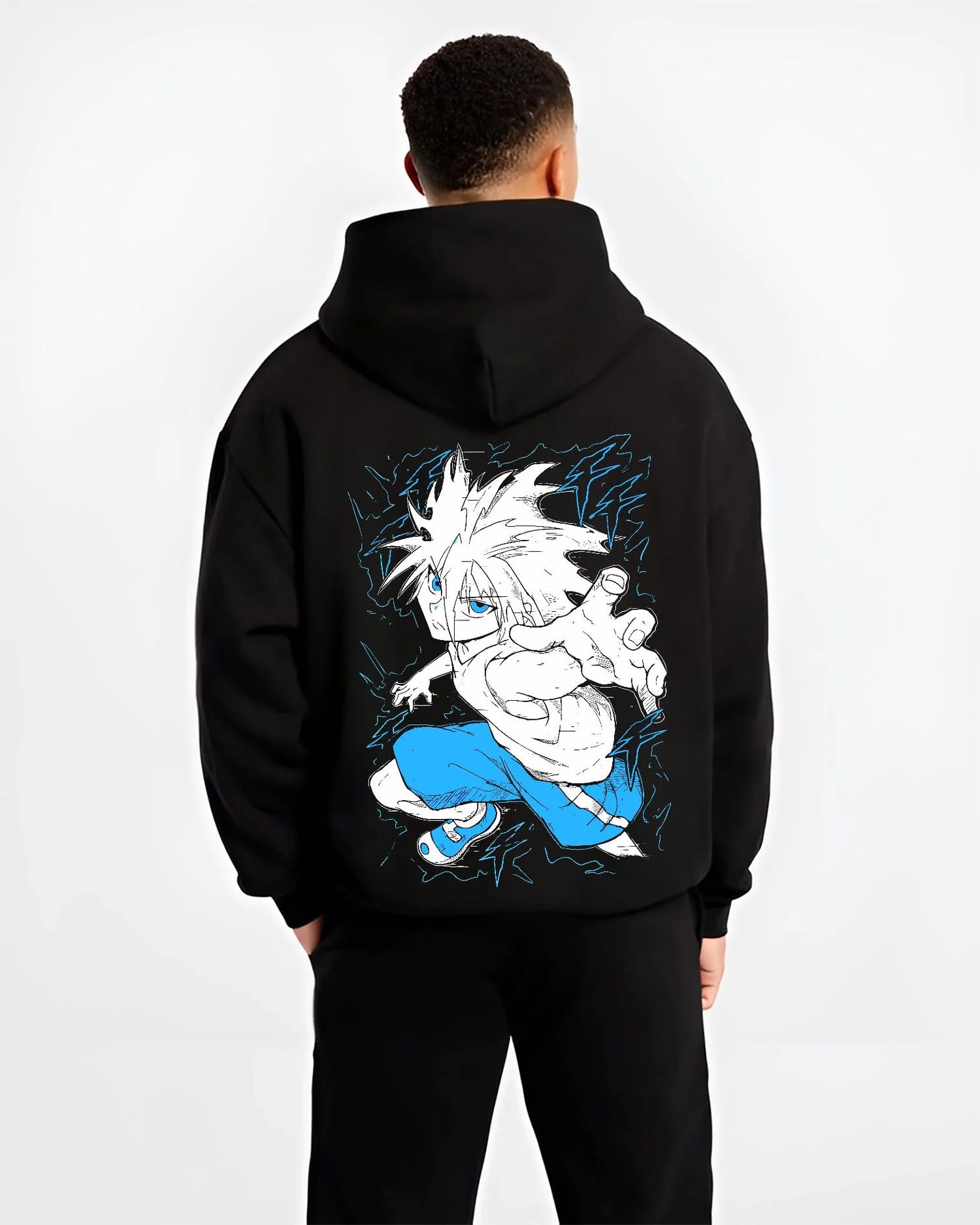 Black hoodie worn by male model, back view with Hunter x Hunter Hoodie Killua Zoldyck Godspeed Jumper graphic premium wear.