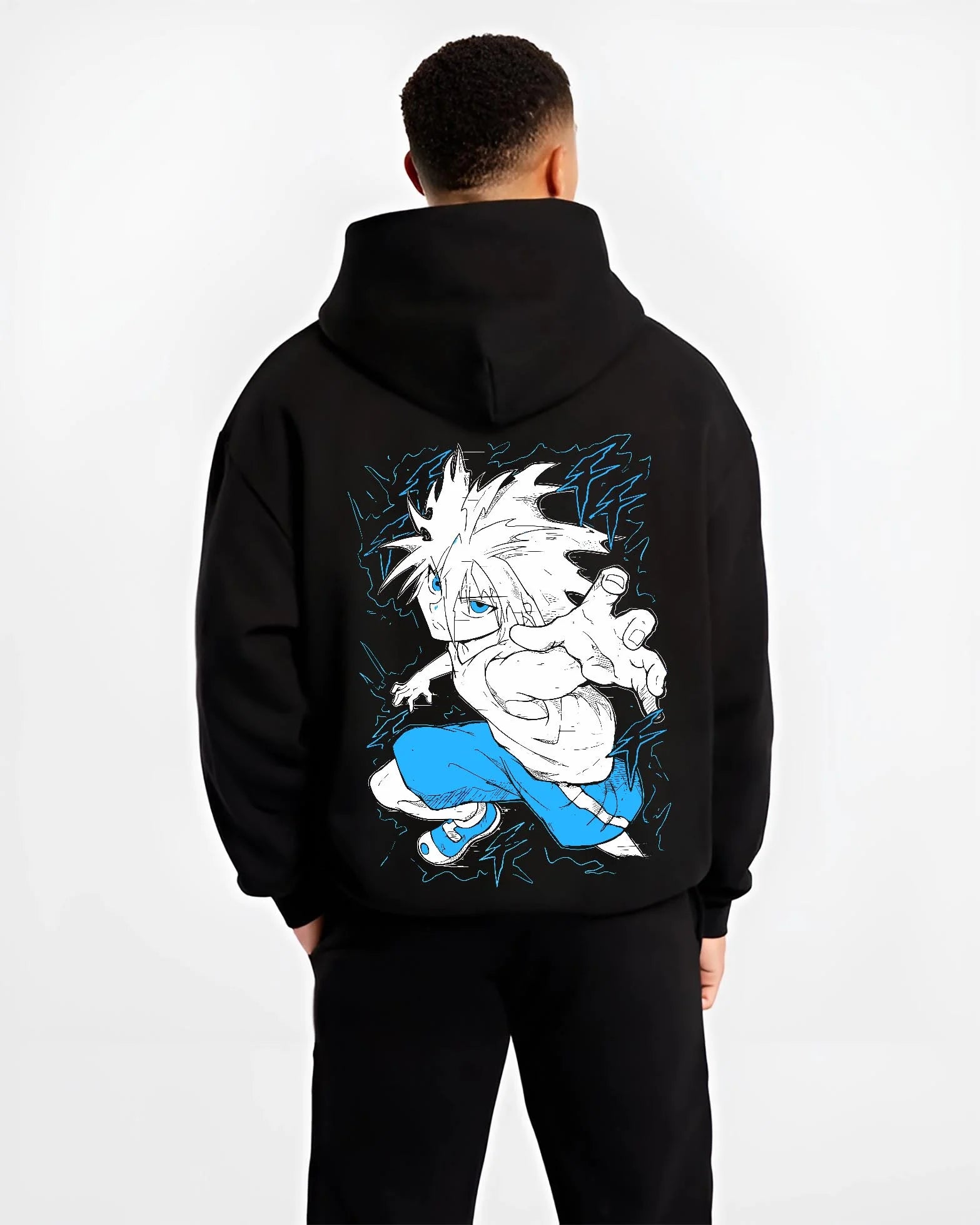 Black hoodie worn by male model, back view with Hunter x Hunter Hoodie Killua Zoldyck Godspeed Jumper graphic premium wear.