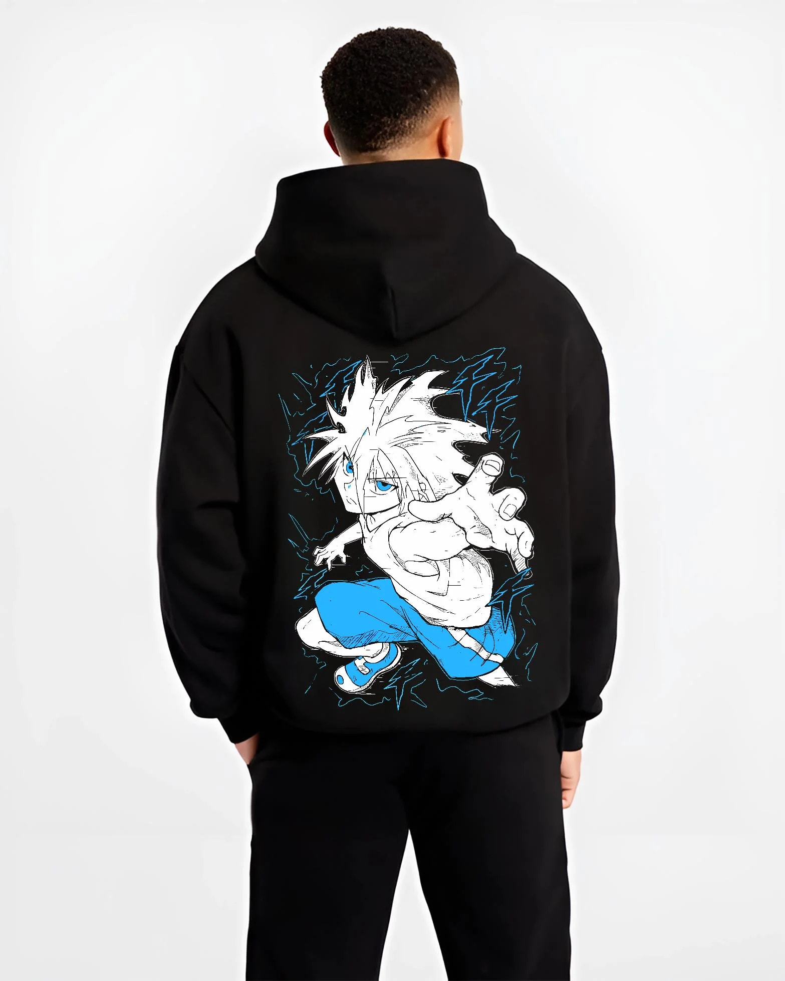 Black hoodie worn by male model, back view with Hunter x Hunter Hoodie Killua Zoldyck Godspeed Jumper graphic premium wear.