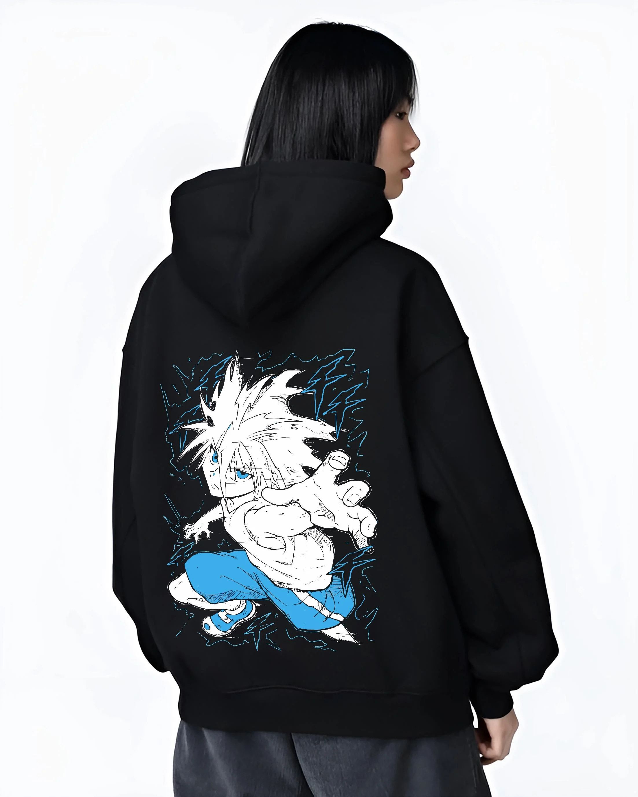 Black hoodie worn by female model, back view with Hunter x Hunter Hoodie Killua Zoldyck Godspeed Jumper graphic premium wear.