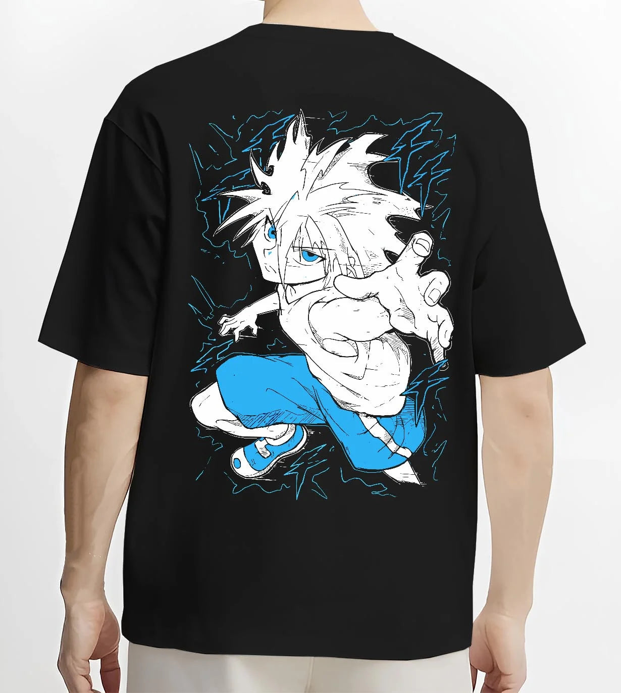 Black T-shirt worn by male model, back view with Hunter x Hunter Hoodie Killua Zoldyck Godspeed Jumper graphic streetwear graphic.