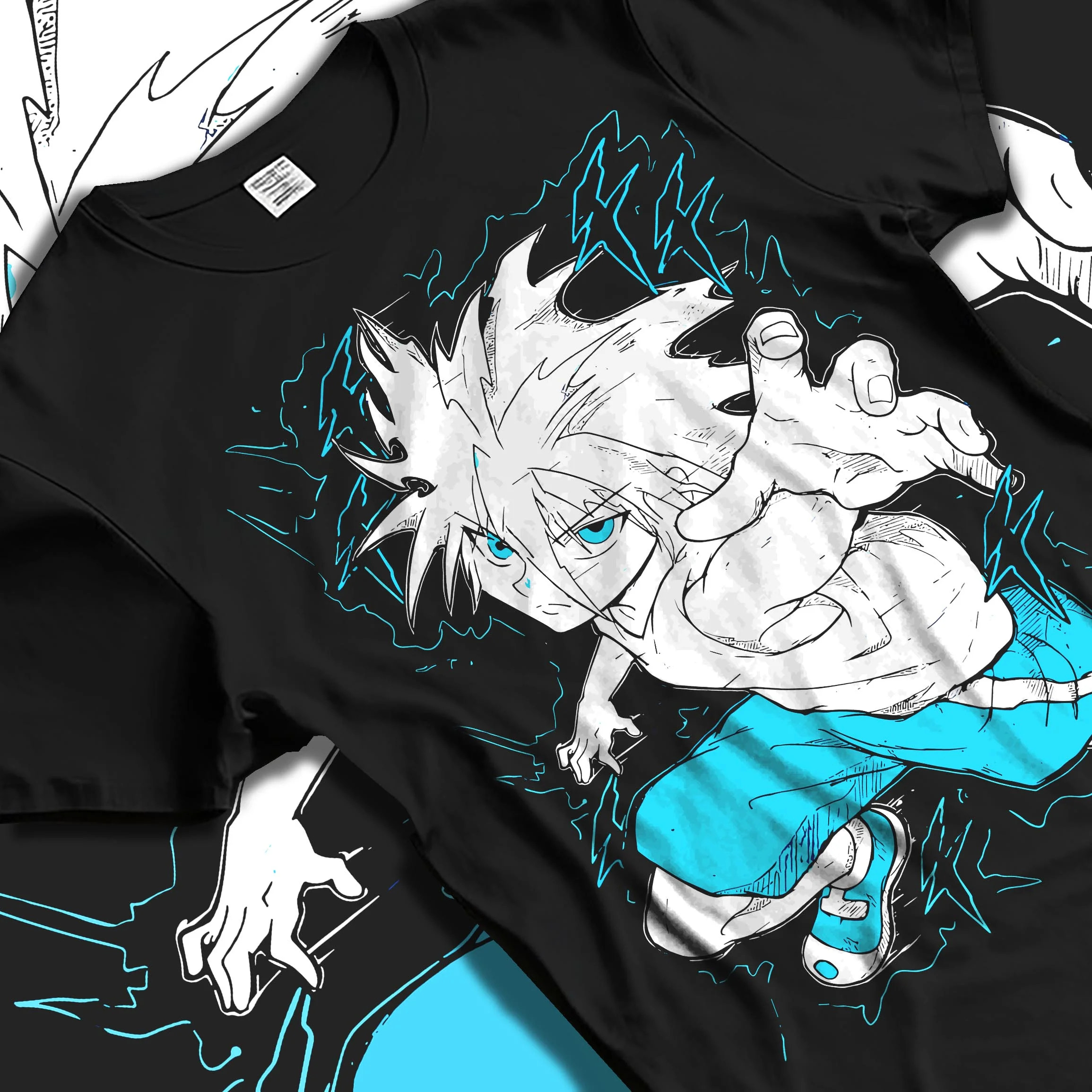 Black T-shirt laid flat with natural folds with Hunter x Hunter Hoodie Killua Zoldyck Godspeed Jumper graphic streetwear graphic.