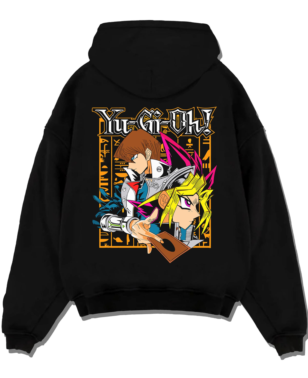 Black hoodie laid flat featuring Yu-Gi-Oh God Cards trio artwork.