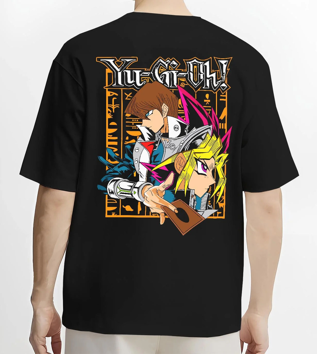 Black T-shirt worn by male model from the back featuring Yu-Gi-Oh God Cards trio artwork.