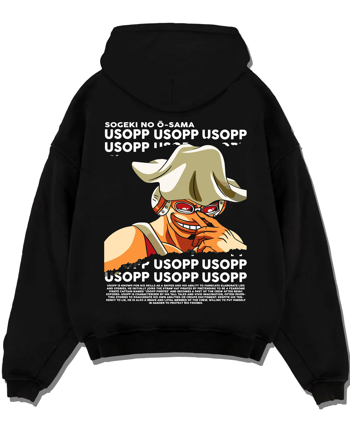 Black hoodie laid flat featuring God Usopp One Piece meme sniper artwork.