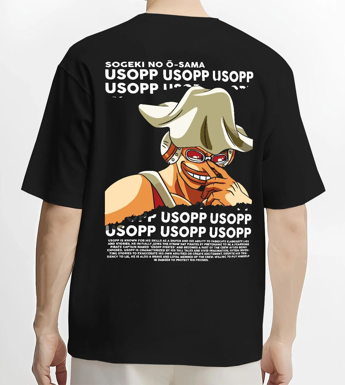 Black T-shirt worn by male model from the back featuring God Usopp One Piece meme sniper artwork.