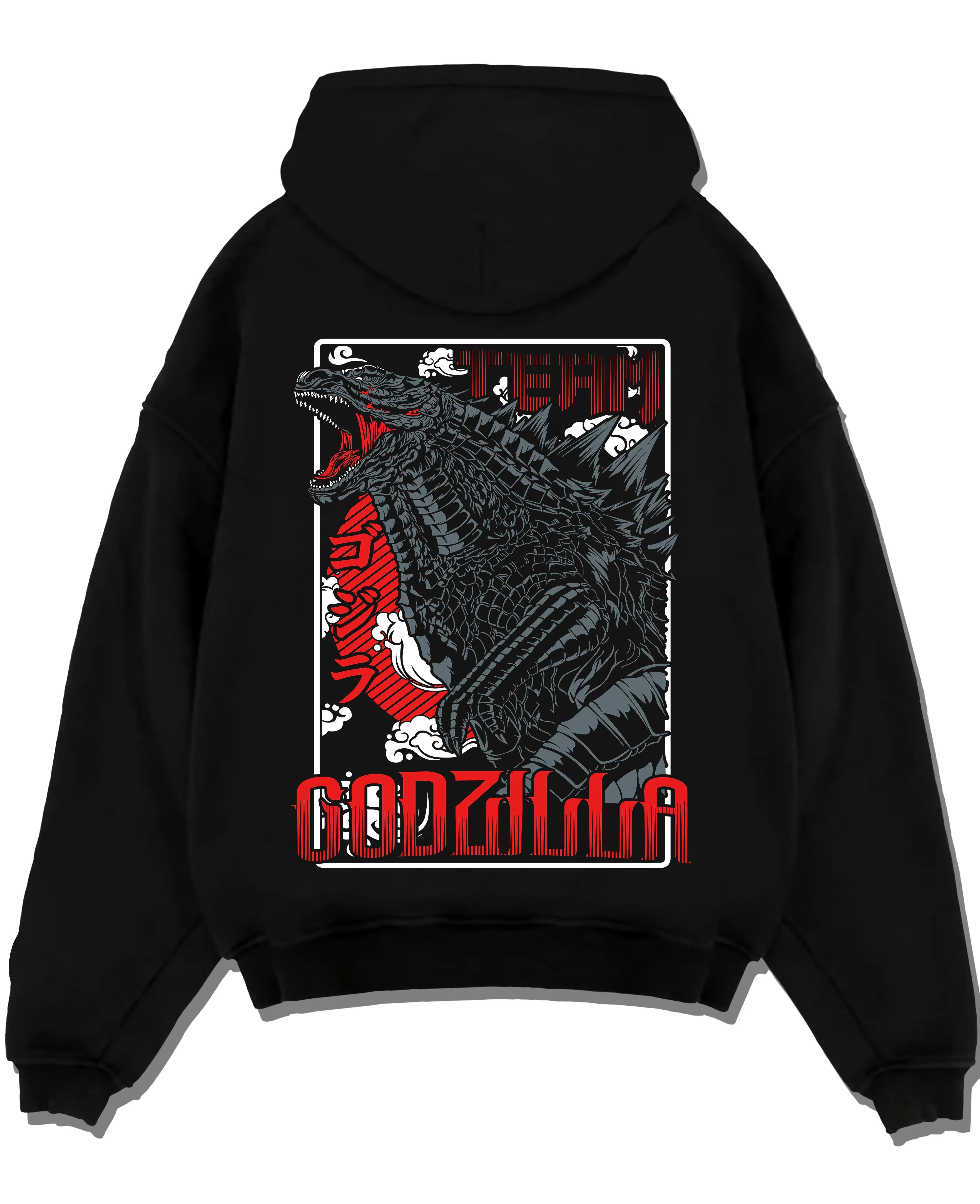 Black pullover hoodie laid flat with Godzilla Hoodie King of Monsters Anime Jumper graphic premium wear.
