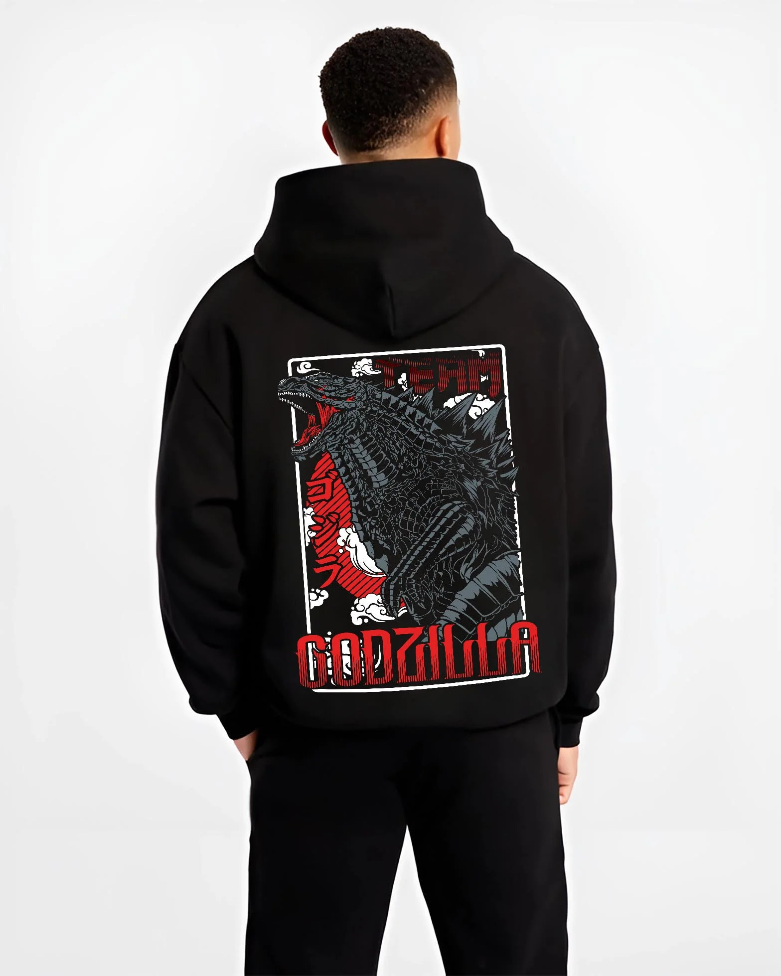 Black hoodie worn by male model, back view with Godzilla Hoodie King of Monsters Anime Jumper graphic premium wear.