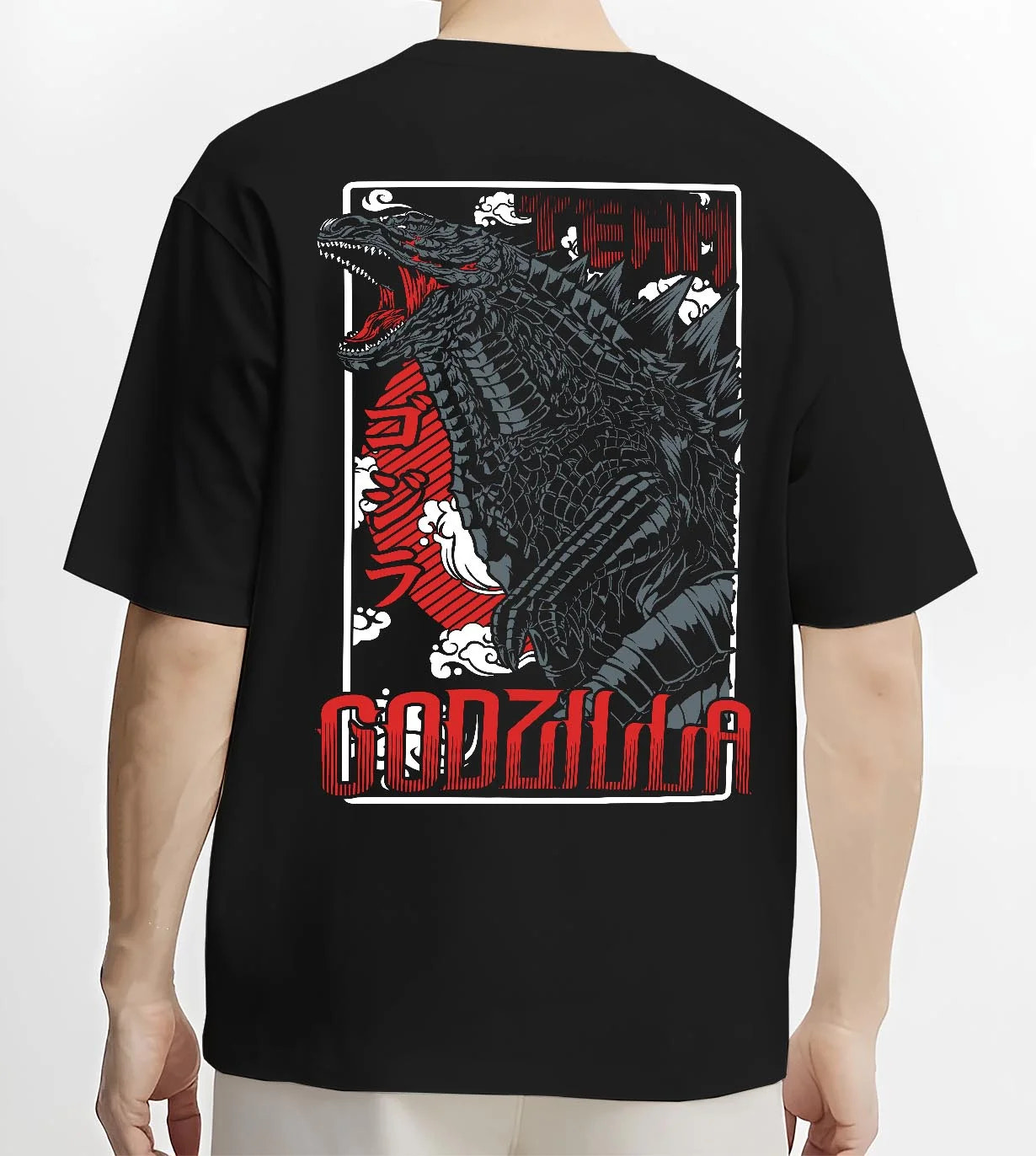 Black T-shirt worn by male model, back view with Godzilla Hoodie King of Monsters Anime Jumper graphic premium wear.