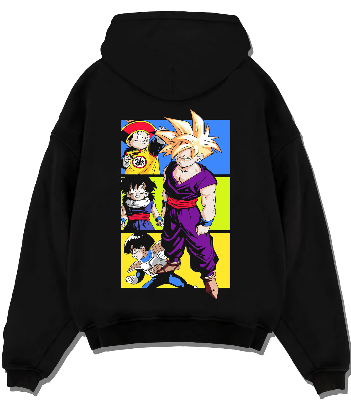 Black hoodie flat back view with Son Gohan Super Saiyan manga collage from Dragon Ball illustrated back graphic