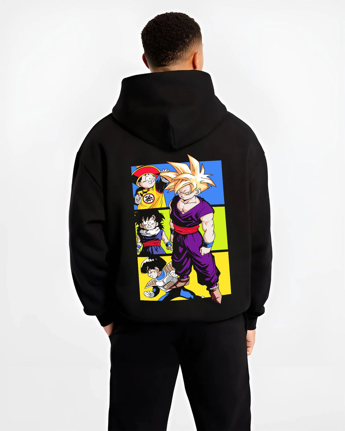 Black hoodie model back view with Son Gohan Super Saiyan manga collage from Dragon Ball illustrated back graphic