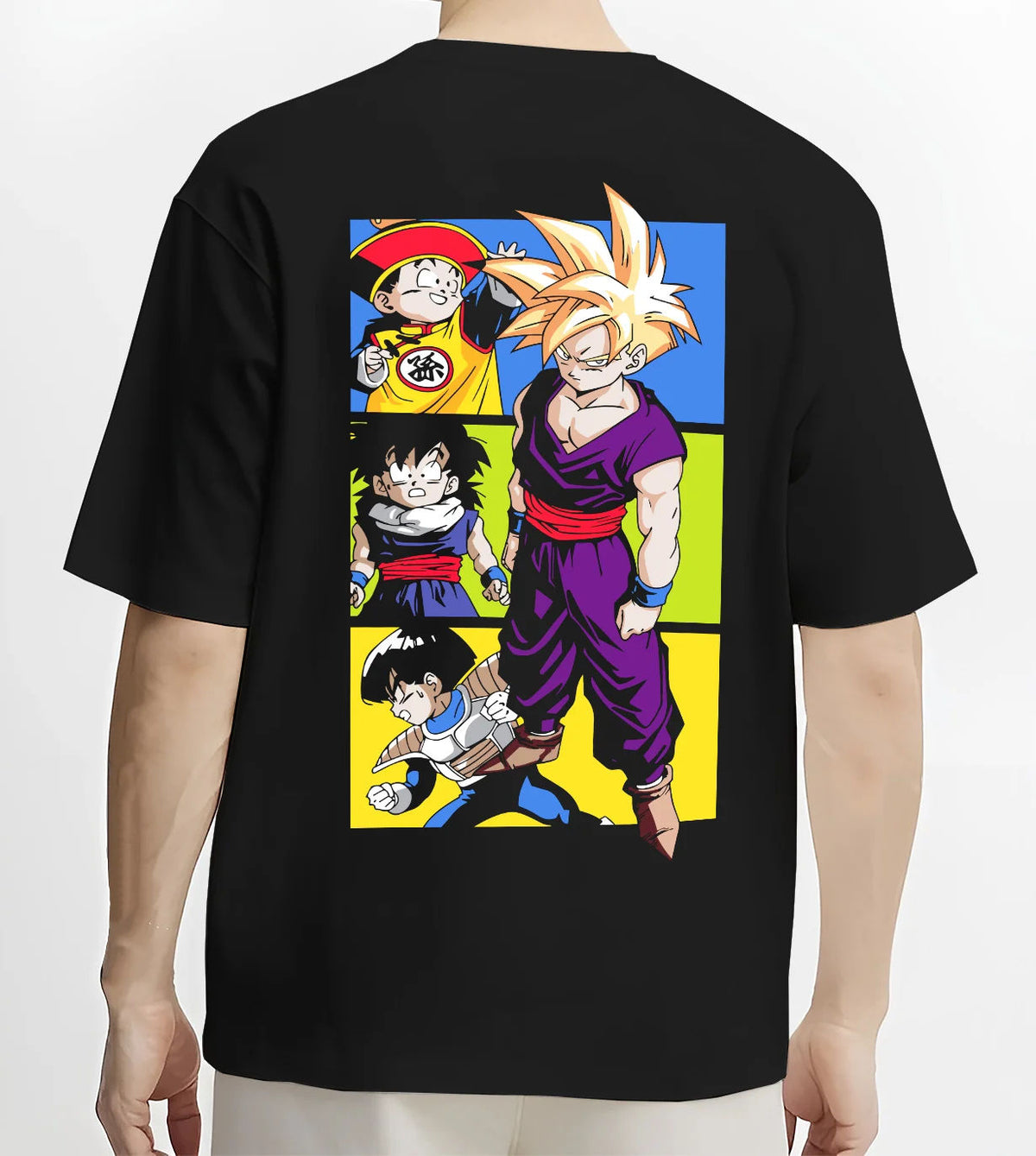 Black T-shirt model back view with Son Gohan Super Saiyan manga collage from Dragon Ball illustrated back graphic