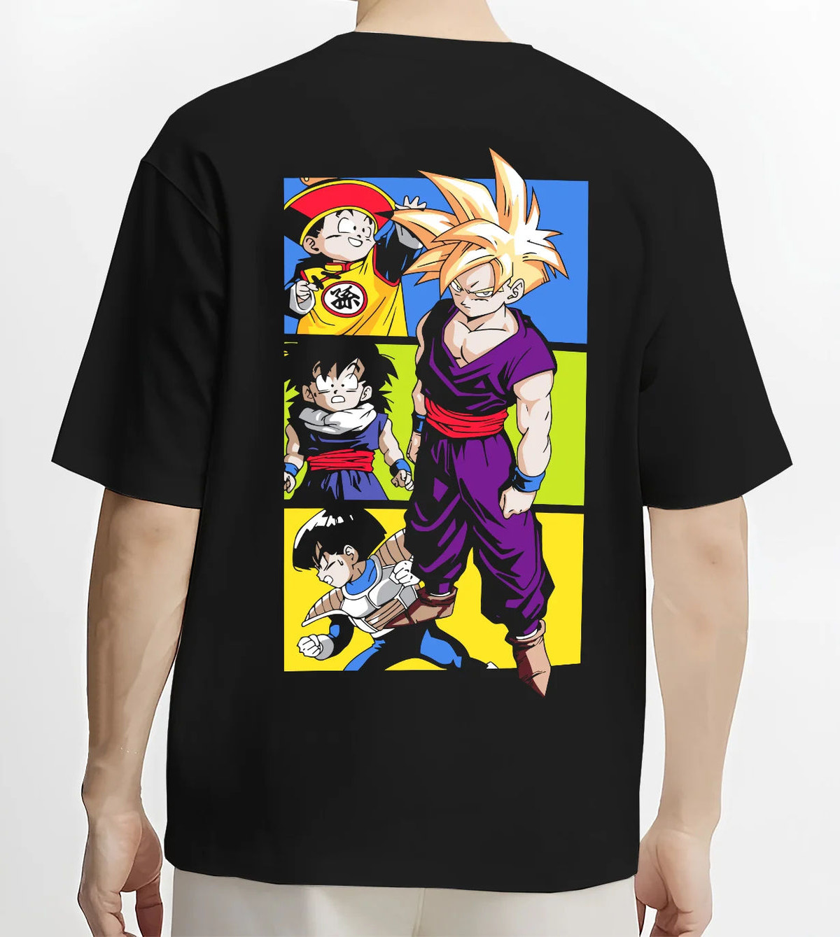 Black T-shirt model back view with Son Gohan Super Saiyan manga collage from Dragon Ball illustrated back graphic