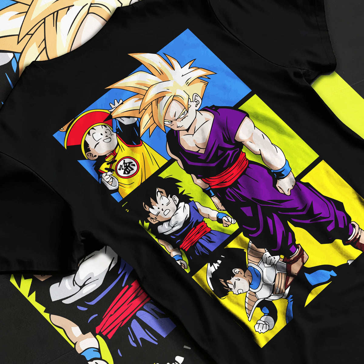 Black T-shirt flat back view with Son Gohan Super Saiyan manga collage from Dragon Ball illustrated back graphic