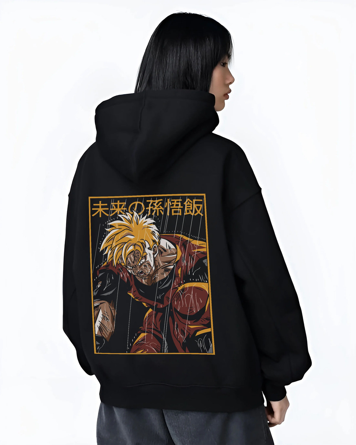 Black hoodie female model back view showing Future Gohan from Dragon Ball: Super Saiyan