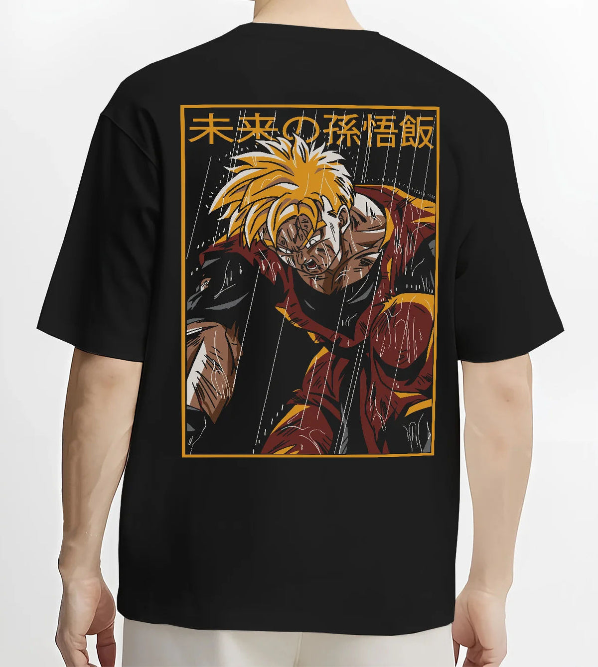 Black T-shirt model back view showing Future Gohan from Dragon Ball: Super Saiyan