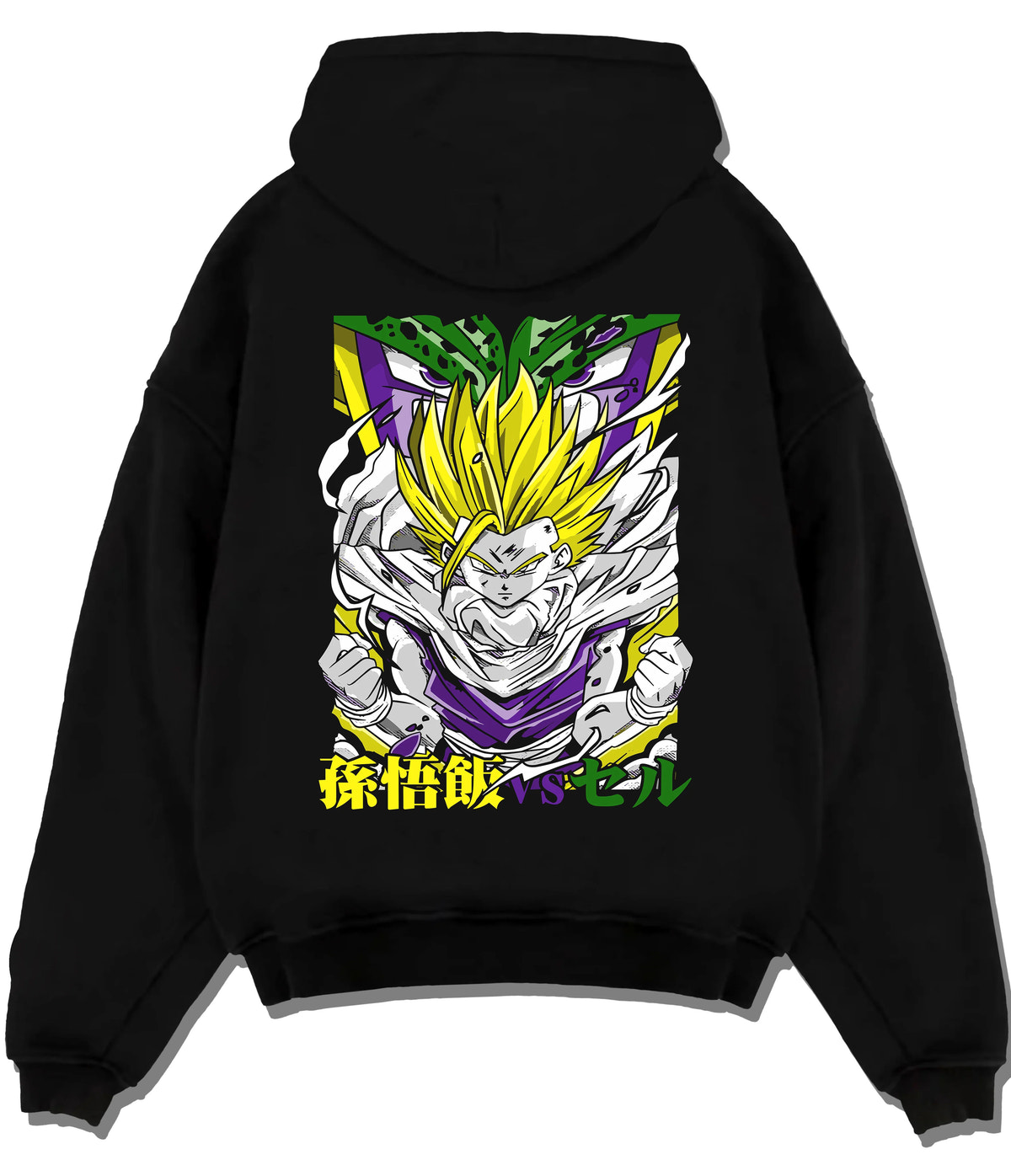 Black hoodie flat back view with Gohan Super Saiyan transformation from Dragon Ball illustrated back graphic