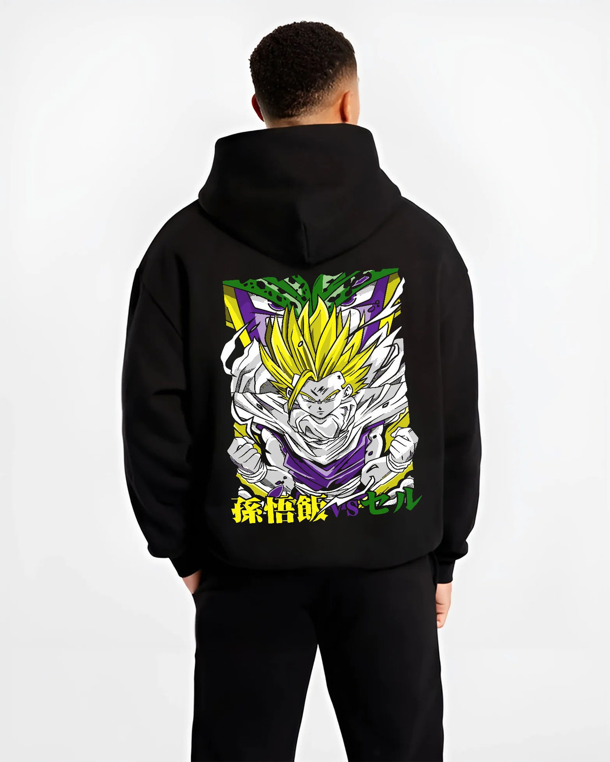 Black hoodie model back view with Gohan Super Saiyan transformation from Dragon Ball illustrated back graphic