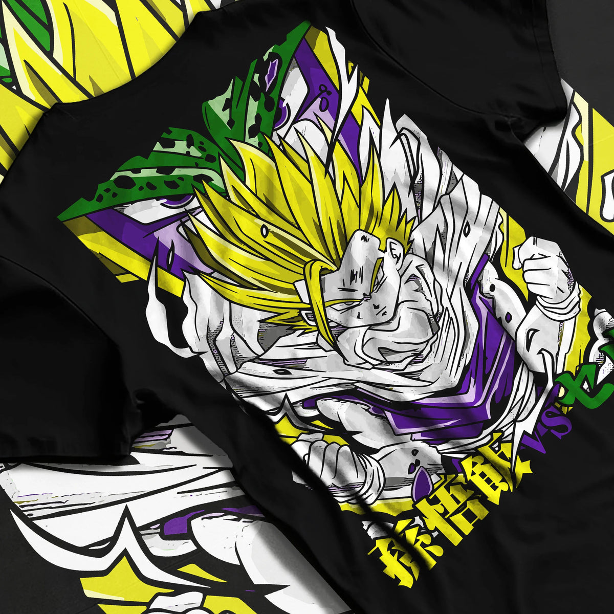 Black T-shirt flat back view with Gohan Super Saiyan transformation from Dragon Ball illustrated back graphic