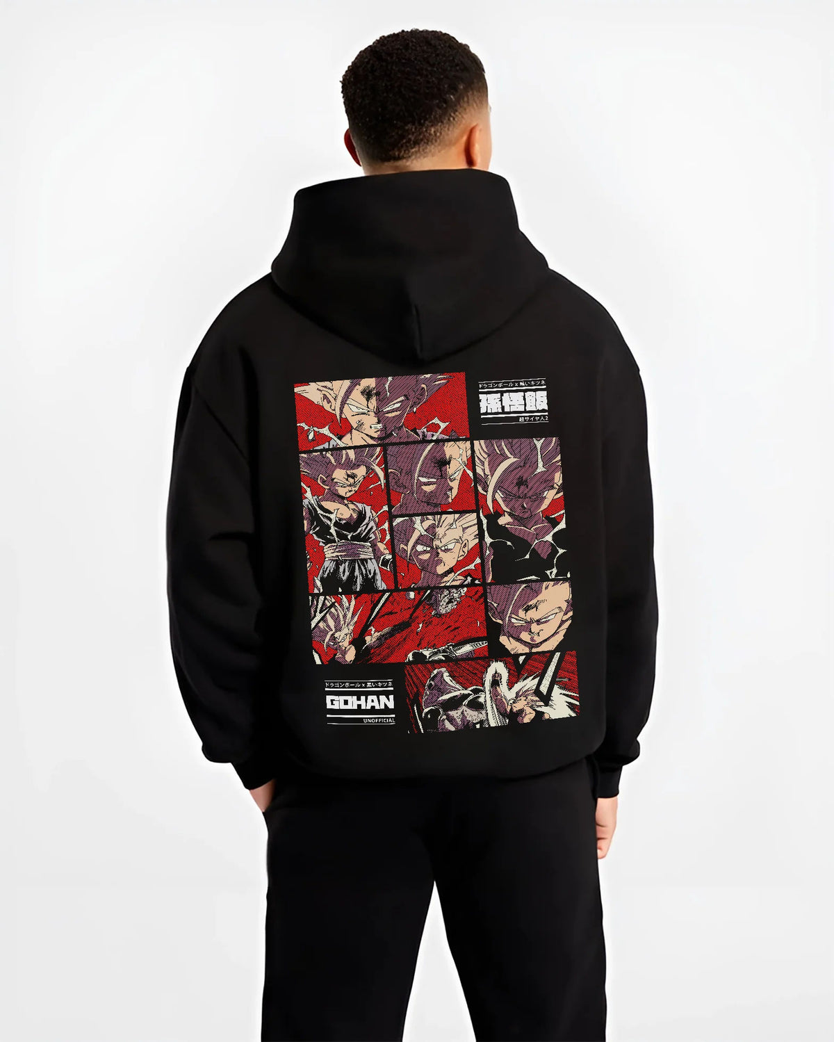 Black hoodie model back view showing Gohan from Dragon Ball: Super Saiyan manga-panel collage