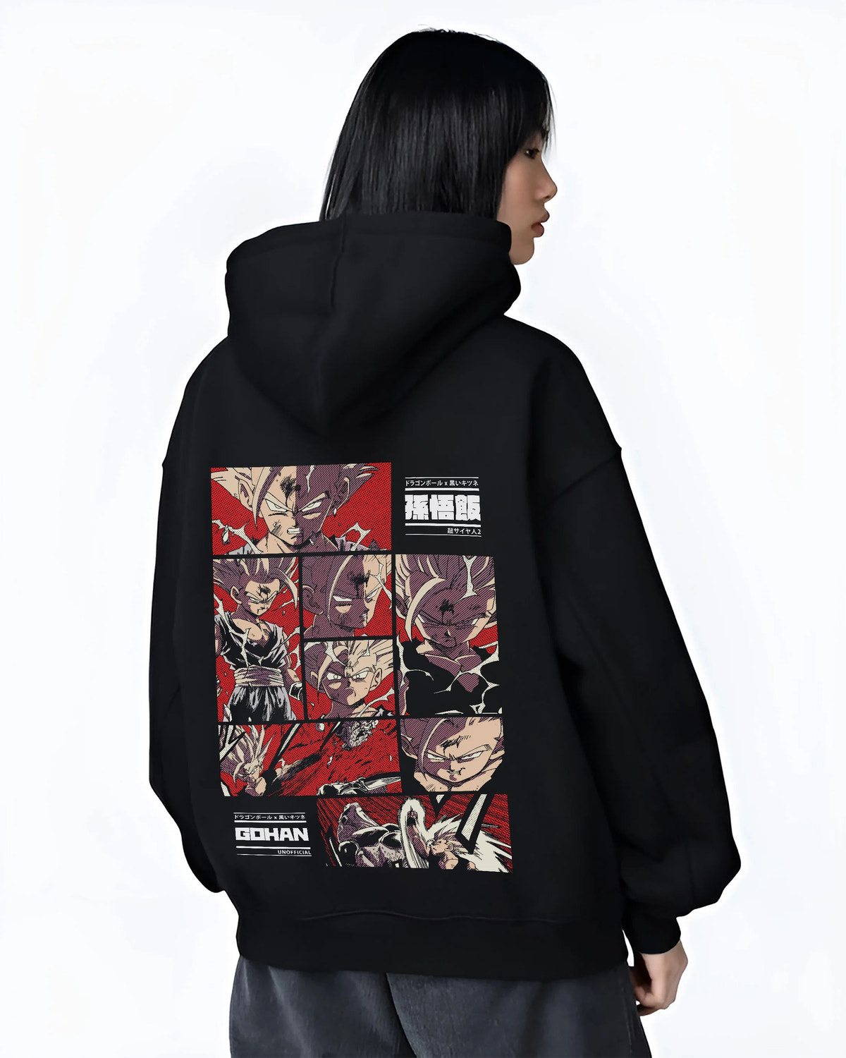 Black hoodie female model back view showing Gohan from Dragon Ball: Super Saiyan manga-panel collage