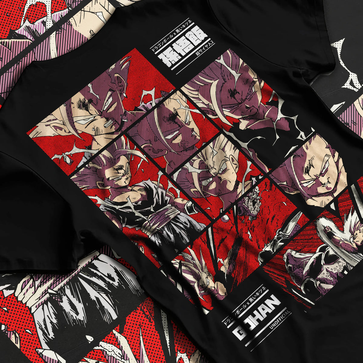 Black T-shirt flat back view showing Gohan from Dragon Ball: Super Saiyan manga-panel collage