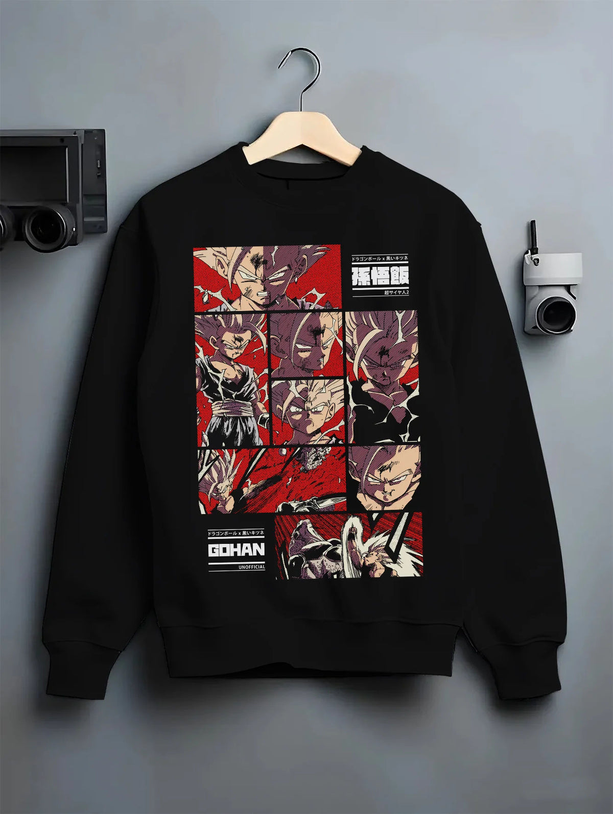 Black crewneck sweatshirt on hanger showing Gohan from Dragon Ball: Super Saiyan manga-panel collage