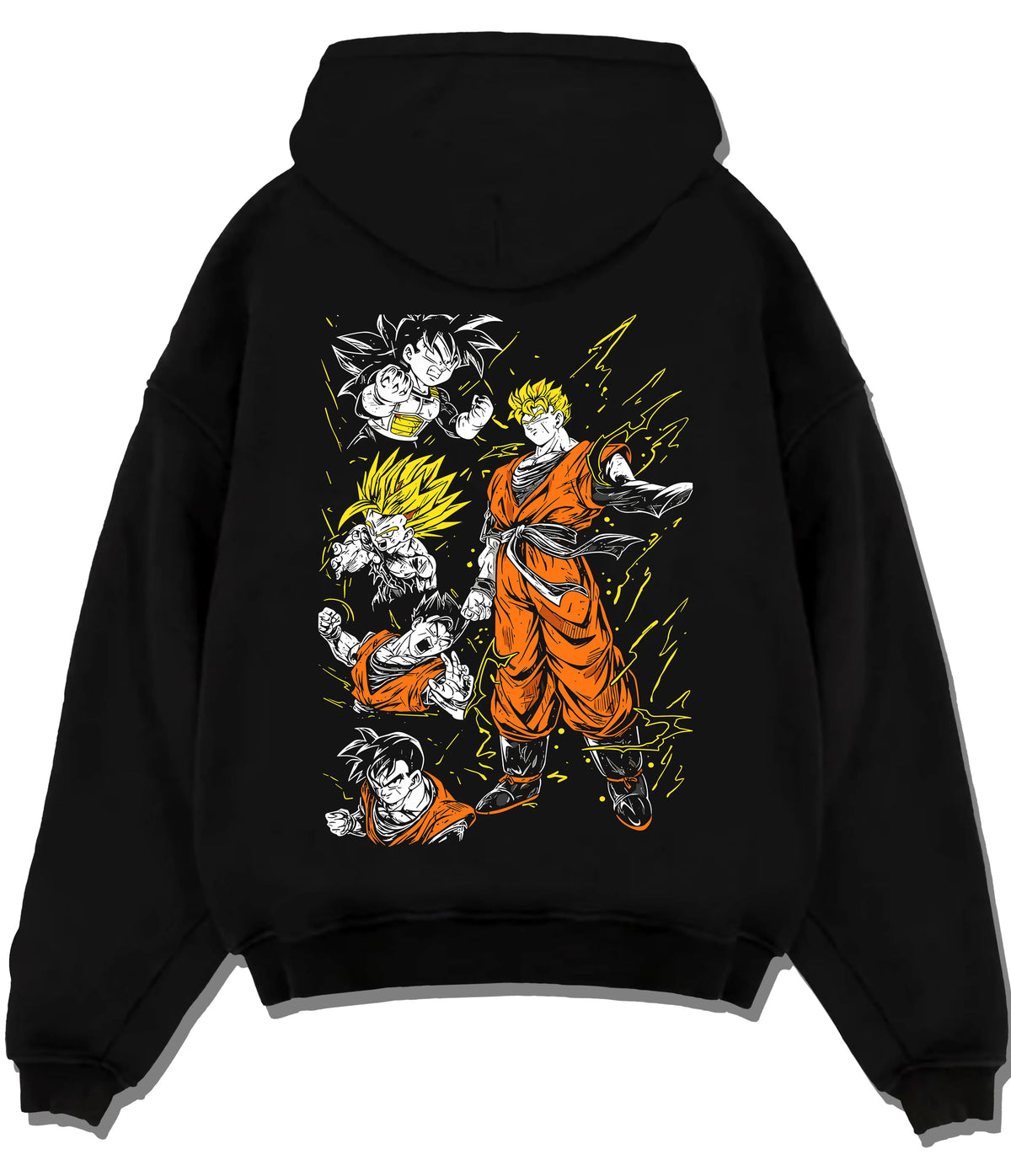 Black hoodie flat back view showing Gohan and Goku from Dragon Ball: Saiyan transformations