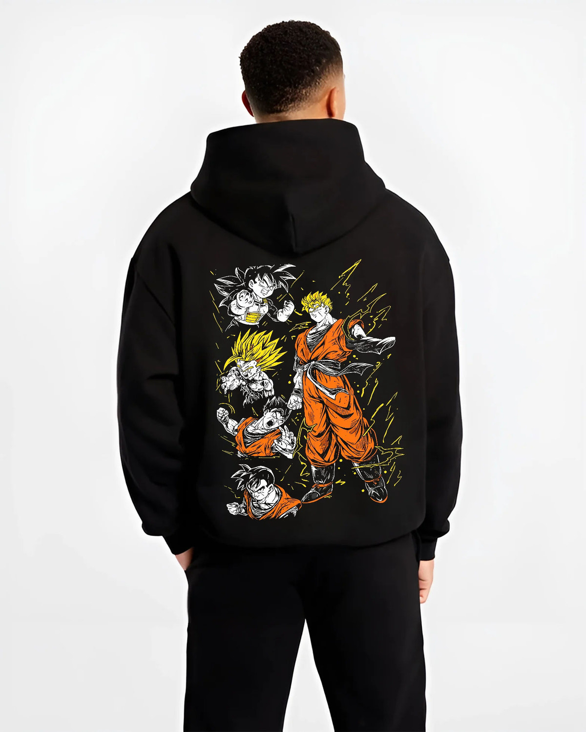 Black hoodie model back view showing Gohan and Goku from Dragon Ball: Saiyan transformations