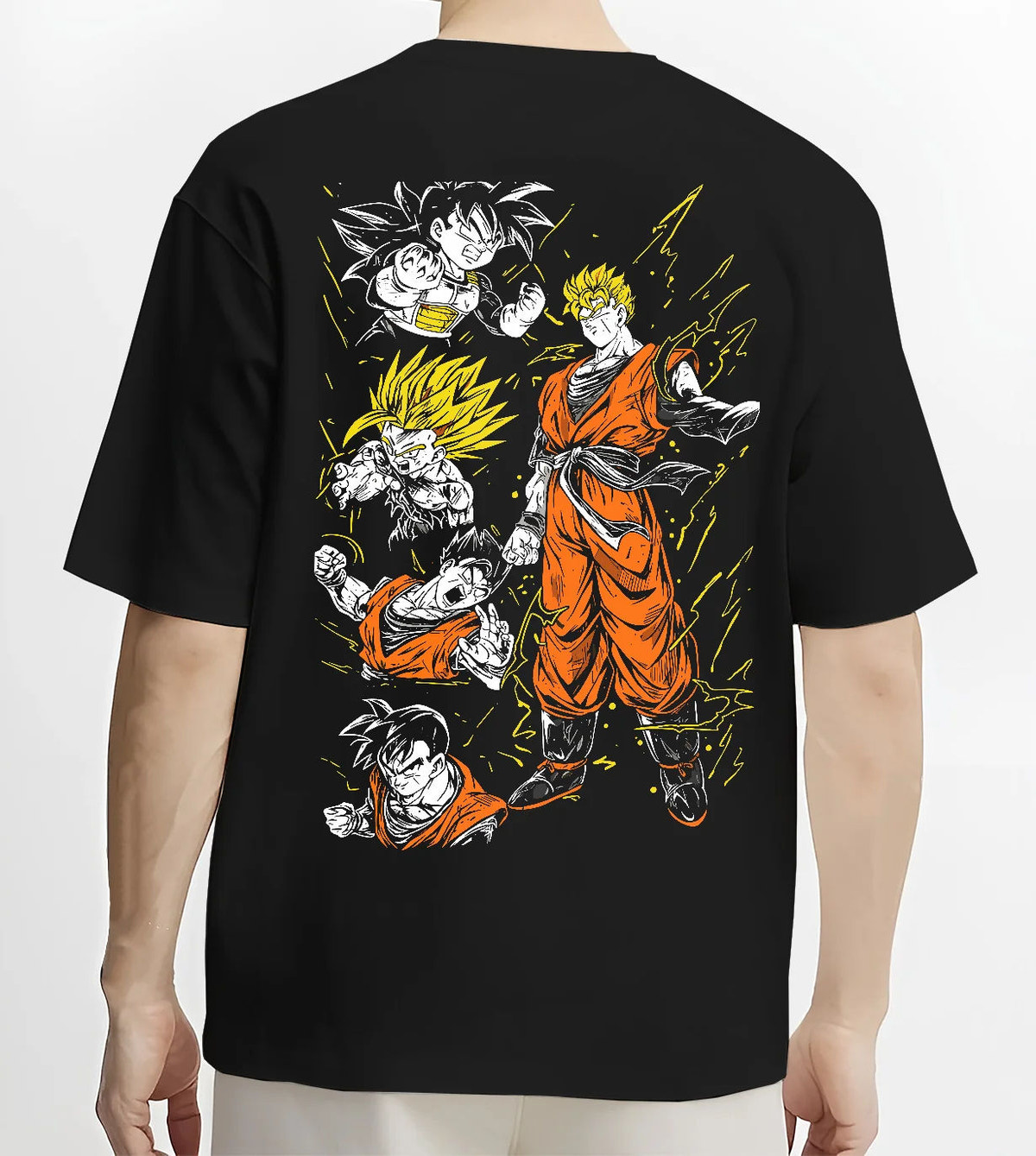 Black T-shirt model back view showing Gohan and Goku from Dragon Ball: Saiyan transformations