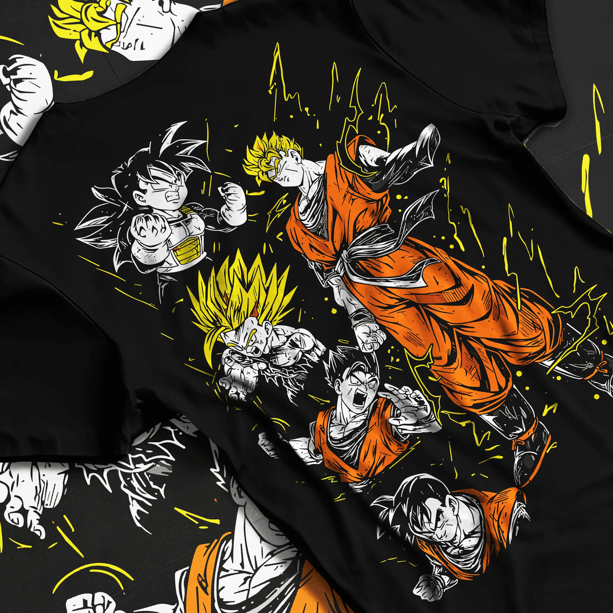 Black T-shirt flat back view showing Gohan and Goku from Dragon Ball: Saiyan transformations