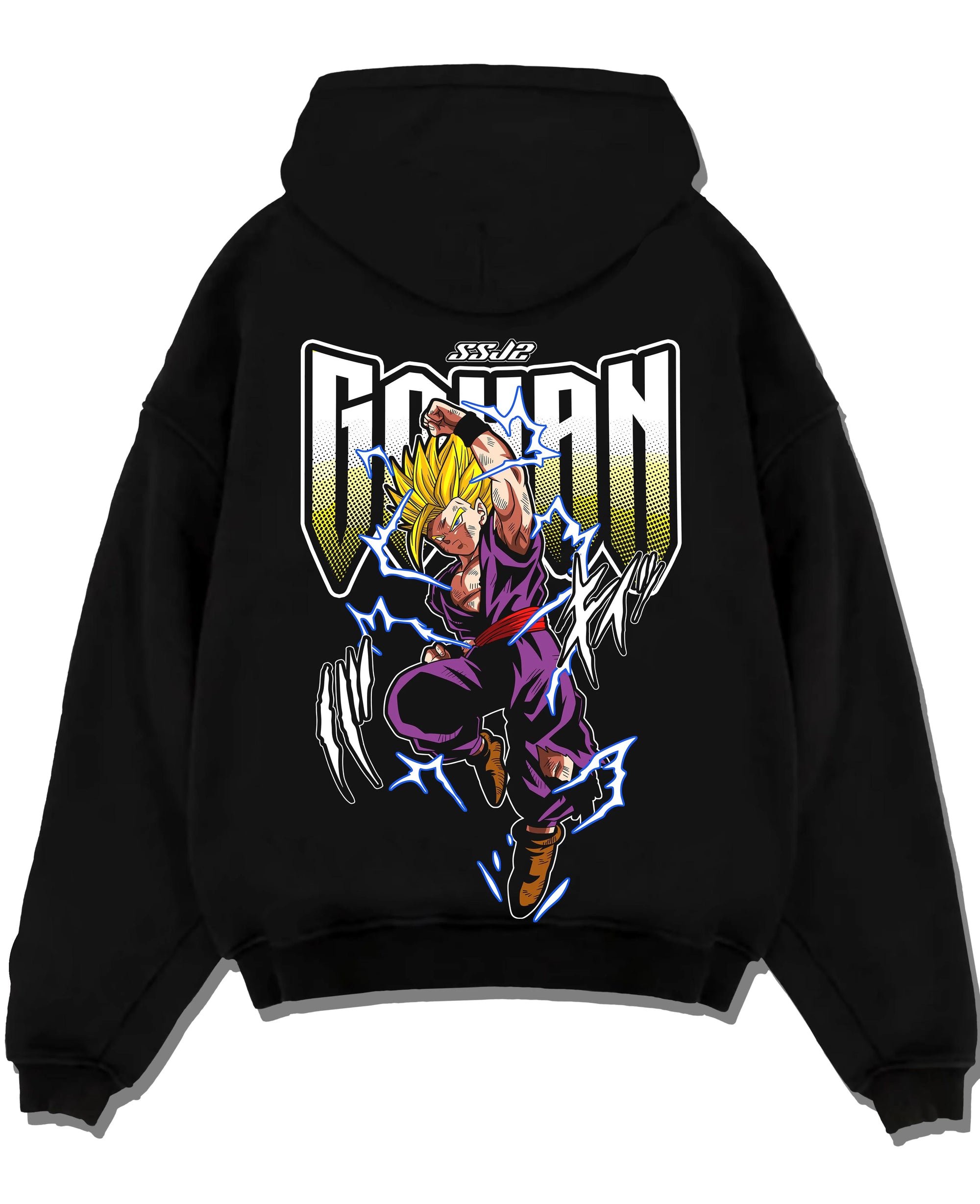 Black pullover hoodie laid flat with Dragon Ball Z Hoodie Gohan Super Saiyan Power Jumper graphic Gohan anime design.