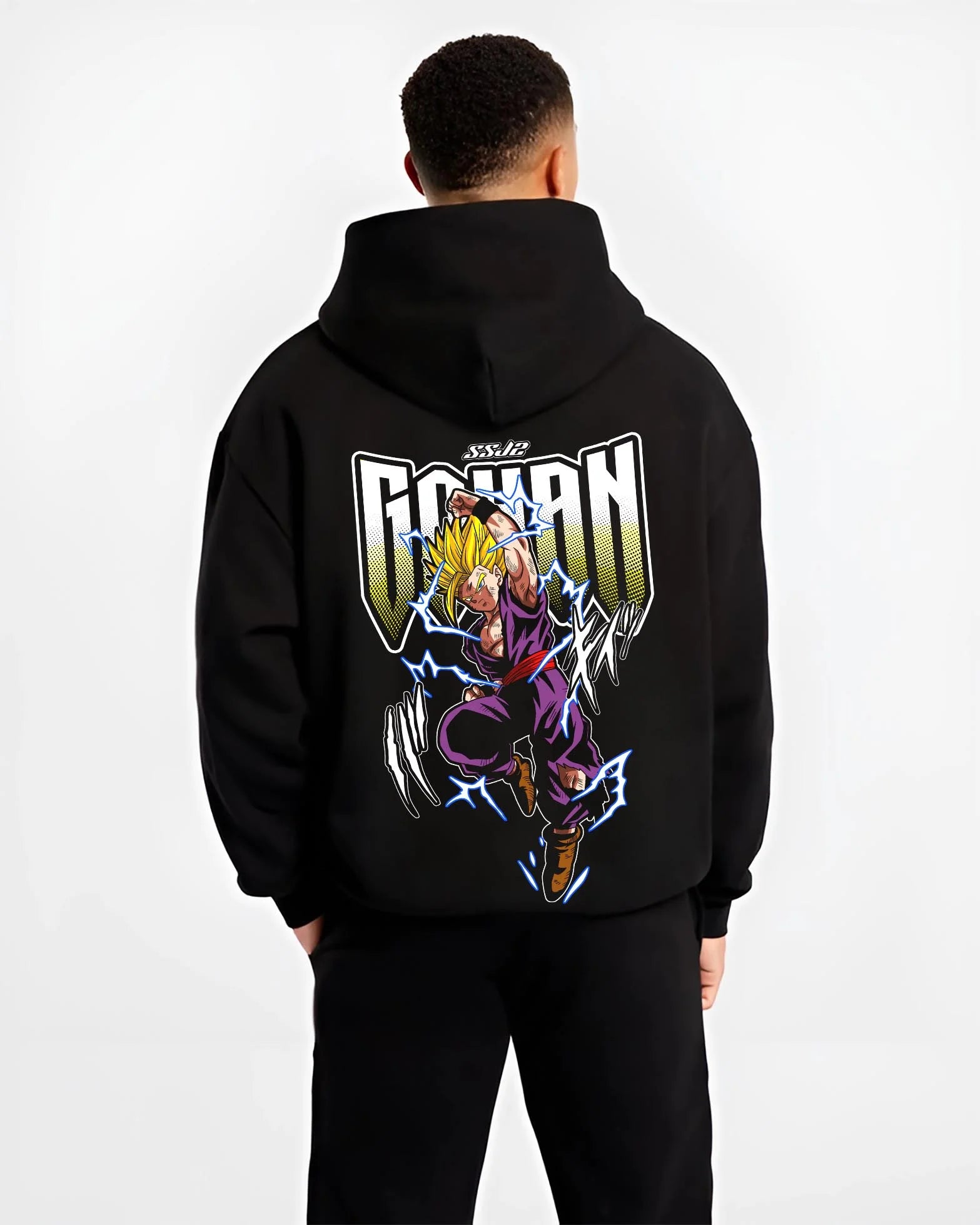 Black hoodie worn by male model, back view with Dragon Ball Z Hoodie Gohan Super Saiyan Power Jumper graphic premium wear.
