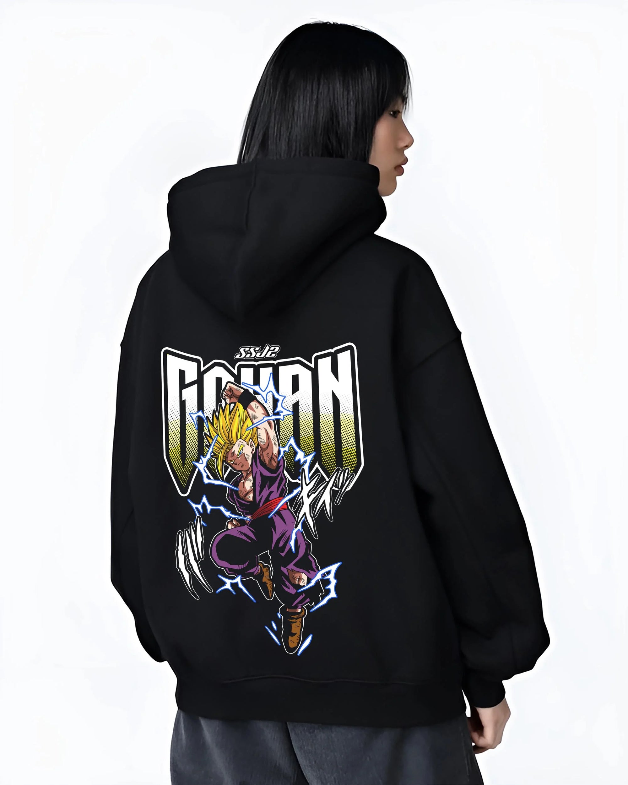 Black hoodie worn by female model, back view with Dragon Ball Z Hoodie Gohan Super Saiyan Power Jumper graphic streetwear graphic.