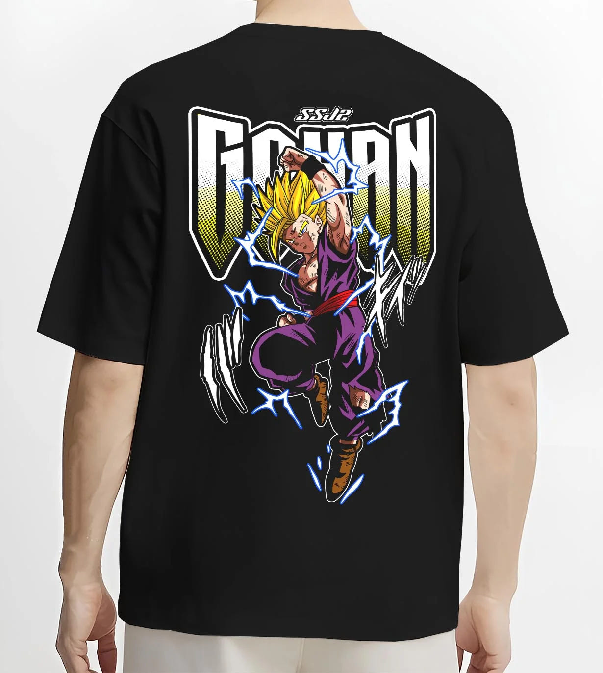 Black T-shirt worn by male model, back view with Dragon Ball Z Hoodie Gohan Super Saiyan Power Jumper graphic bold anime graphic.