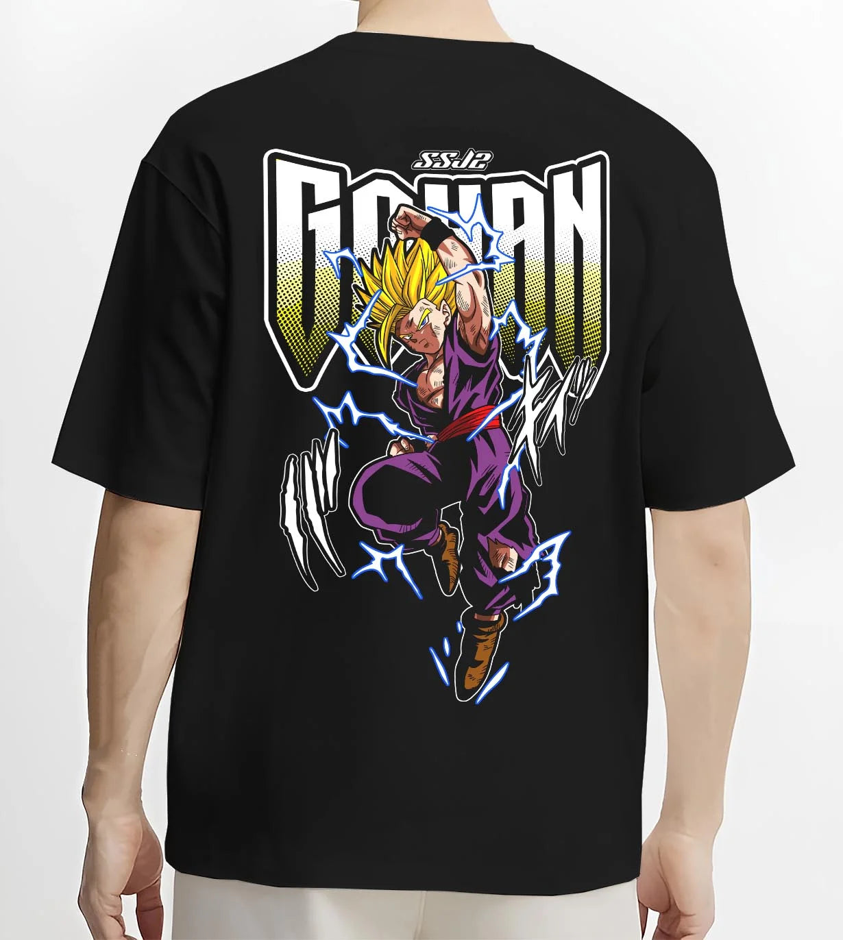 Black T-shirt worn by male model, back view with Dragon Ball Z Hoodie Gohan Super Saiyan Power Jumper graphic bold anime graphic.