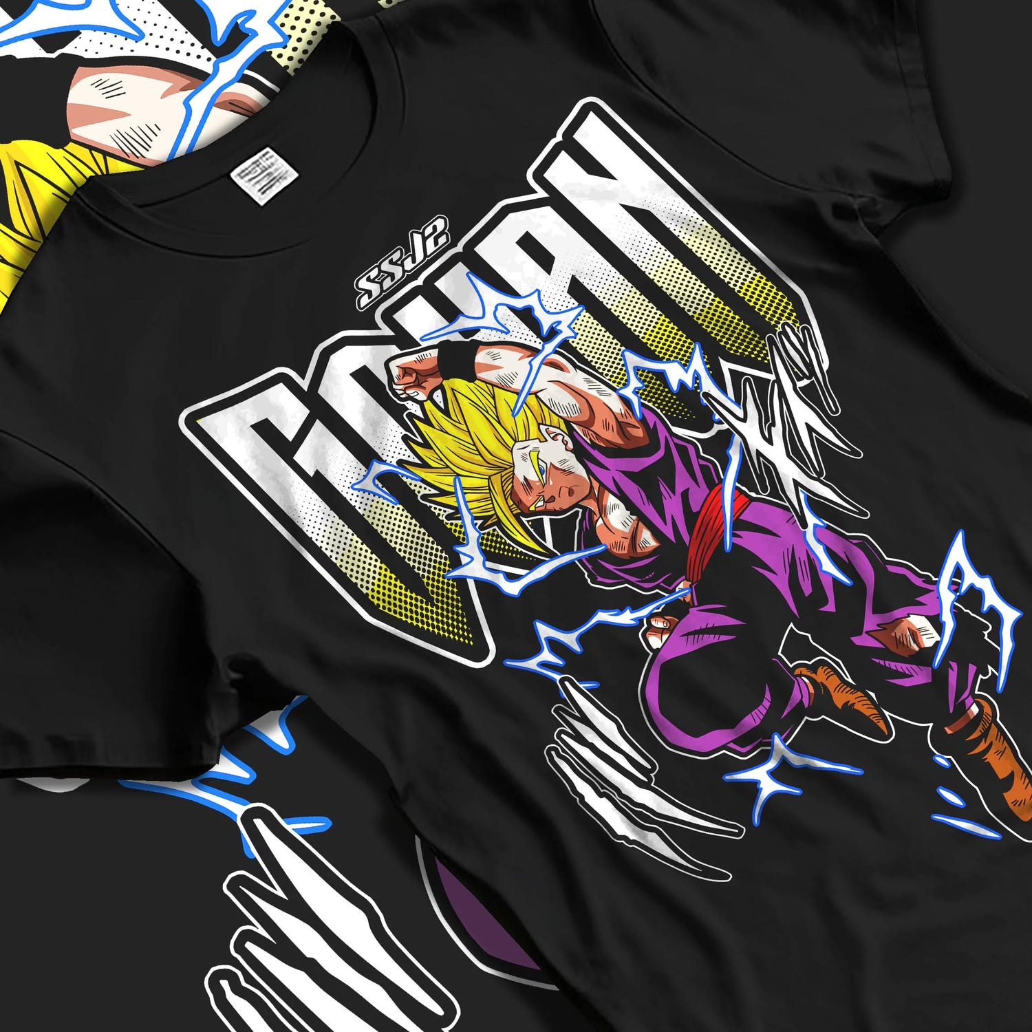 Black T-shirt laid flat with natural folds with Dragon Ball Z Hoodie Gohan Super Saiyan Power Jumper graphic streetwear graphic.