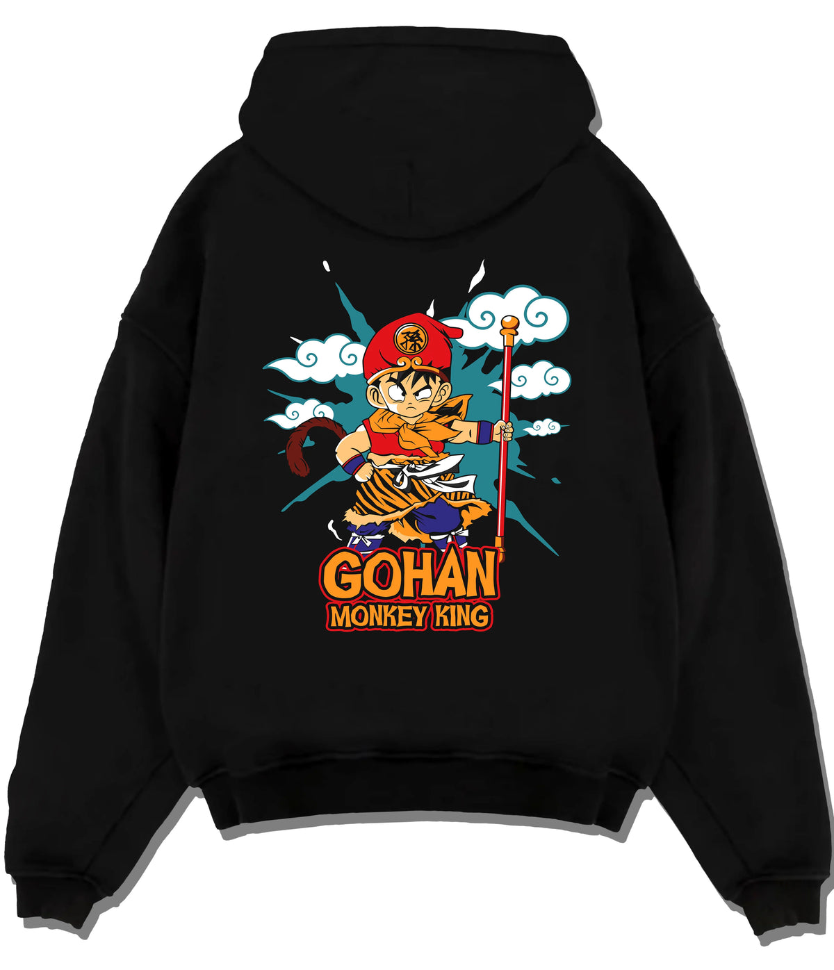 Black hoodie flat back view showing Young Gohan from Dragon Ball: Monkey King staff parody