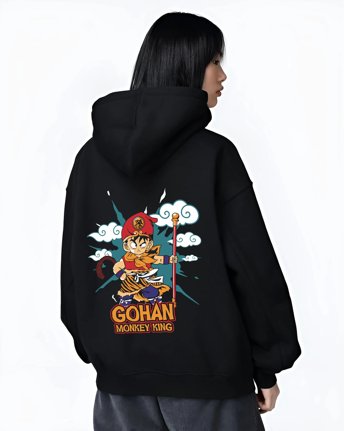 Black hoodie female model back view showing Young Gohan from Dragon Ball: Monkey King staff parody