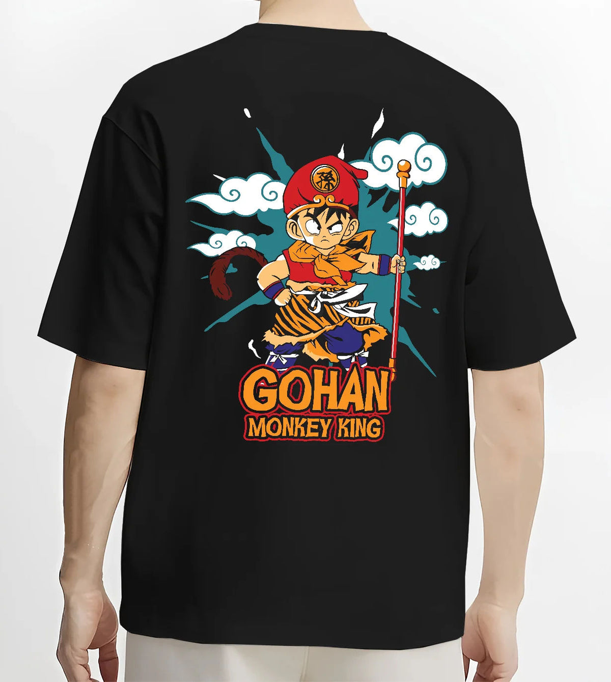 Black T-shirt model back view showing Young Gohan from Dragon Ball: Monkey King staff parody