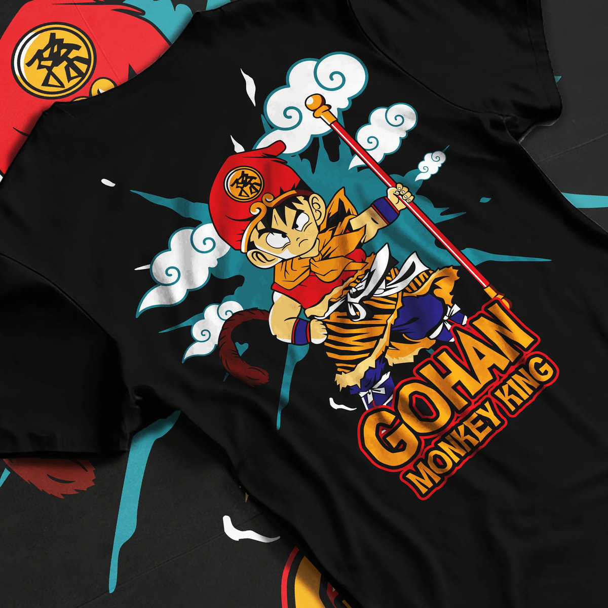 Black T-shirt flat back view showing Young Gohan from Dragon Ball: Monkey King staff parody