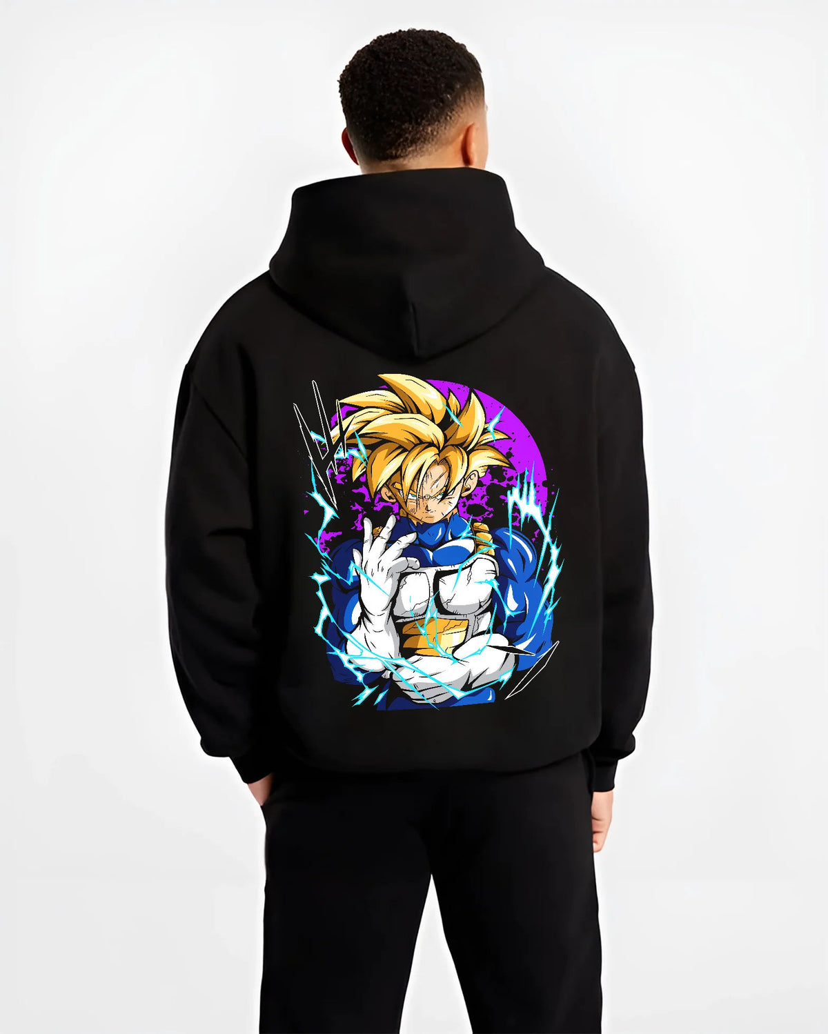 Black hoodie model back view showing Gohan from Dragon Ball: Saiyan power portrait