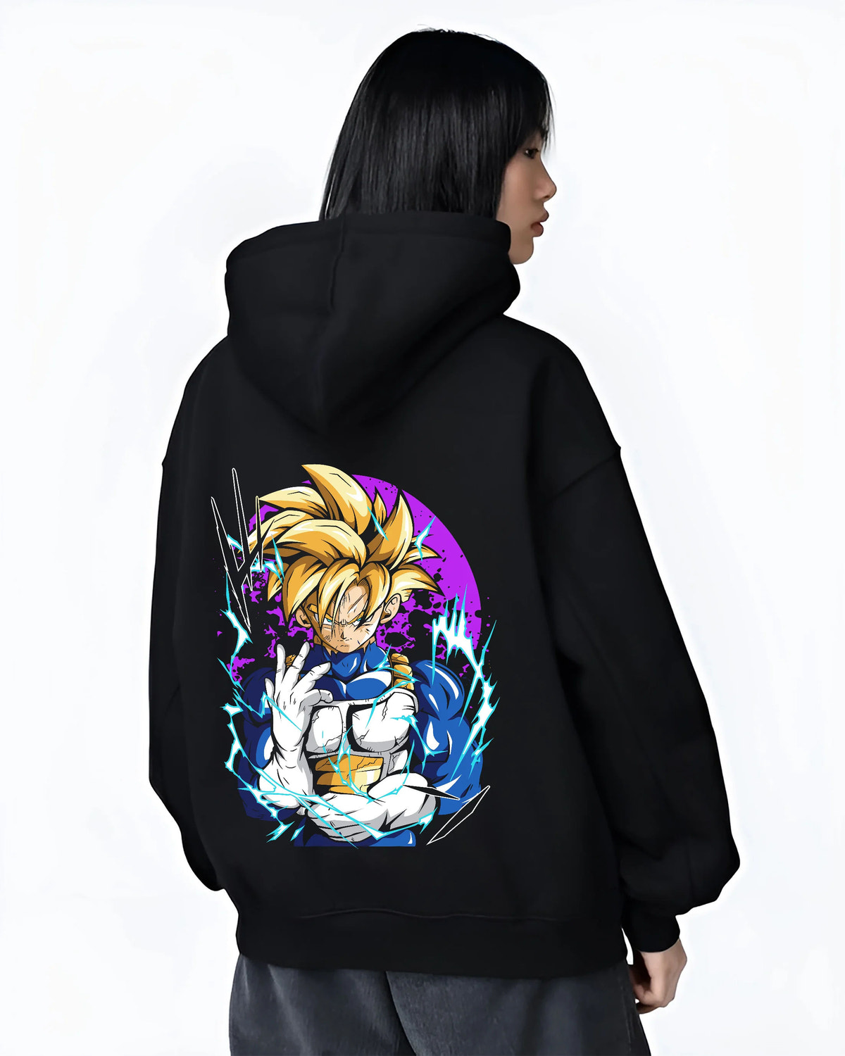 Black hoodie female model back view showing Gohan from Dragon Ball: Saiyan power portrait