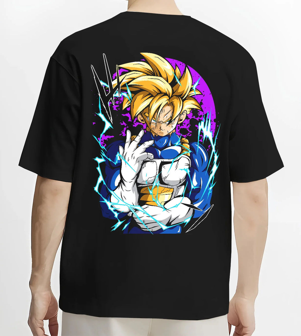 Black T-shirt model back view showing Gohan from Dragon Ball: Saiyan power portrait